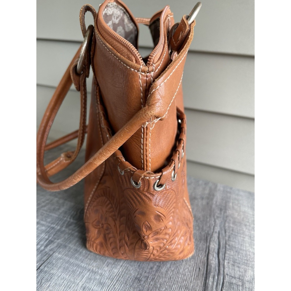 American West Embossed Tooled Leather Western Style Brown Tan Handbag Purse Bag - Picture 12 of 16